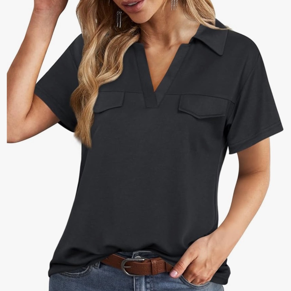 Chic Black Women's Polo Shirt Short Sleeve Top V Neck Dual Chest Pockets Sz M